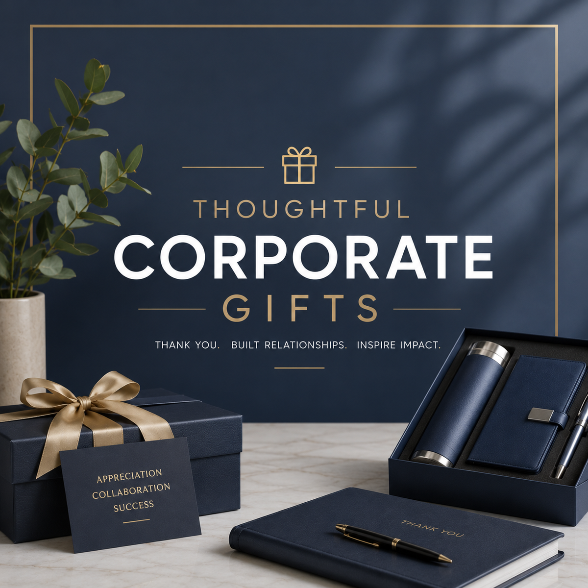 Curated corporate gift hamper with desk essentials, drinkware and branded presentation