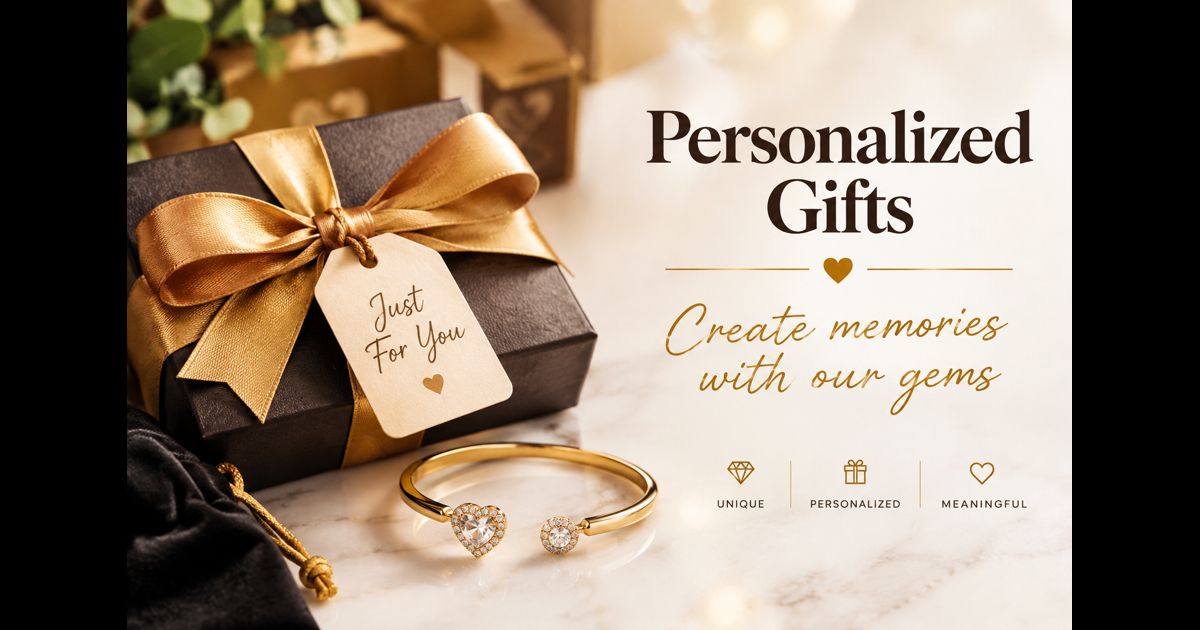 Personalized gift box with gold ribbon, engraved jewellery and “Just For You” tag